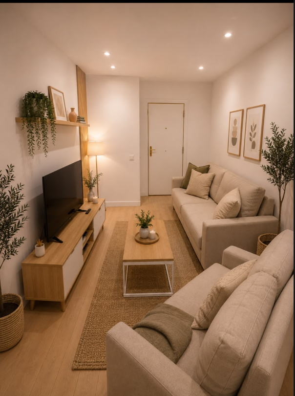Salón acogedor del coliving con dos sofás, Smart TV y decoración cálida